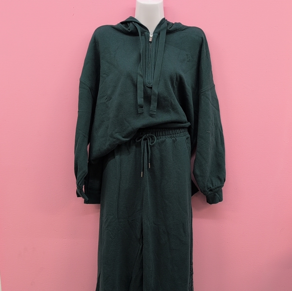 Victoria Secret Campus Fleece Tunic Hoodie & Wide Leg Sweatpants Set Small Green
